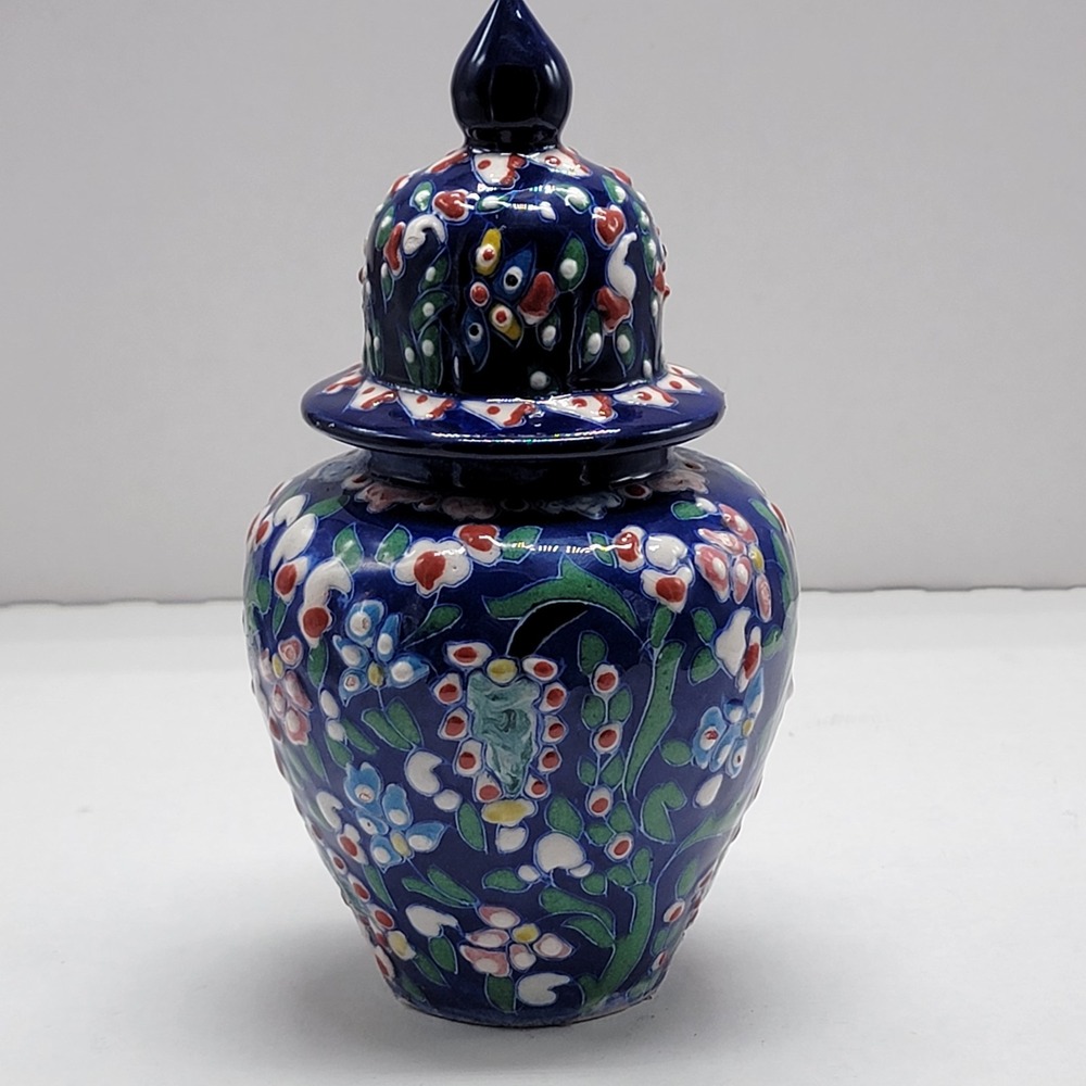 VTG Turkish Iznik Pottery Ginger Jar Urn  Hand painted Raised Floral Design